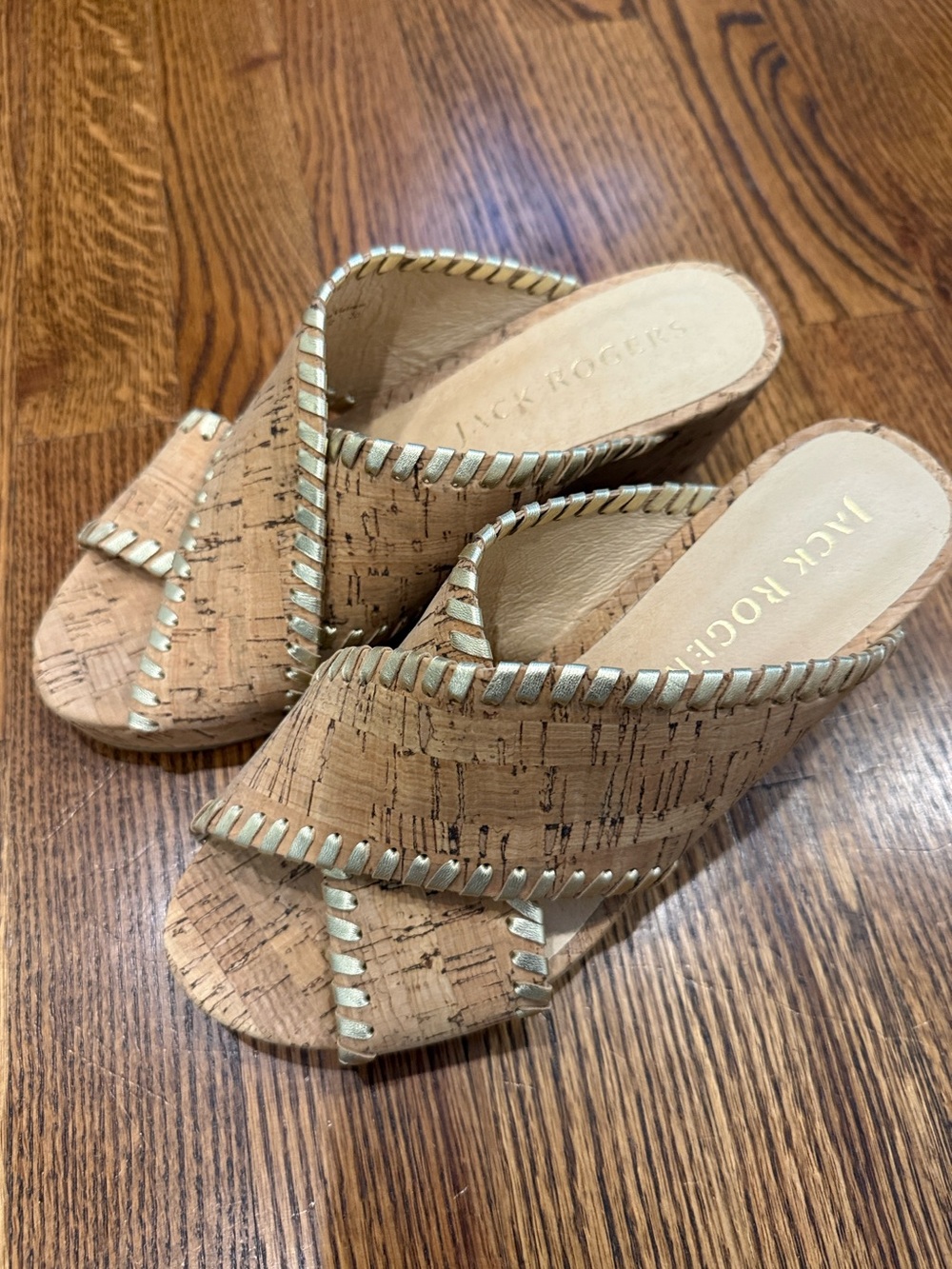 Jack Rogers Cork Slide Mules with Tan and Gold Trim